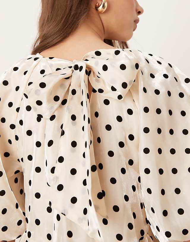 Asos YAS Ballon Sleeve Voluminous Mini Dress In Cream With Black Polka Dot
