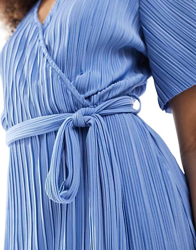 Asos YAS Bridesmaid Plisse Wrap Midi Dress In Blue - LBLUE