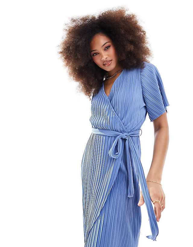 Asos YAS Bridesmaid Plisse Wrap Midi Dress In Blue - LBLUE