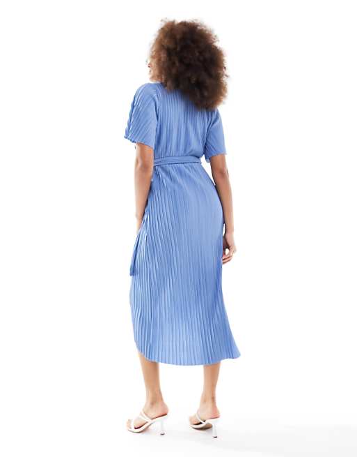 Asos YAS Bridesmaid Plisse Wrap Midi Dress In Blue - LBLUE