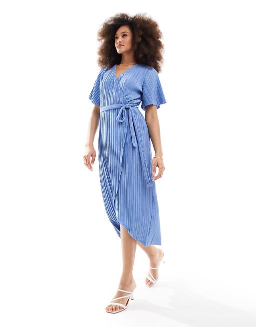 asos YAS Bridesmaid plisse wrap midi dress in blue - LBLUE