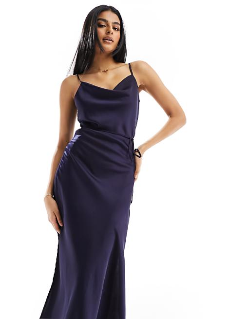 Asos YAS Bridesmaid Satin Cami Maxi Dress In Deep Rich Navy - NAVY