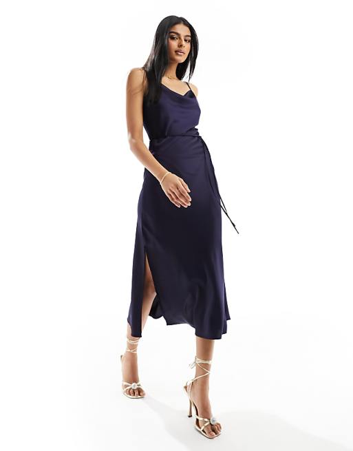 asos YAS Bridesmaid satin cami maxi dress in deep rich navy - NAVY