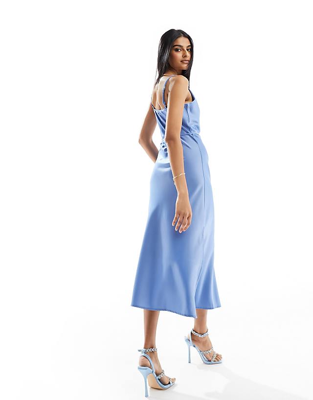 Asos YAS Bridesmaid Satin Maxi Dress With Tie Waist Detail In Blue - LBLUE