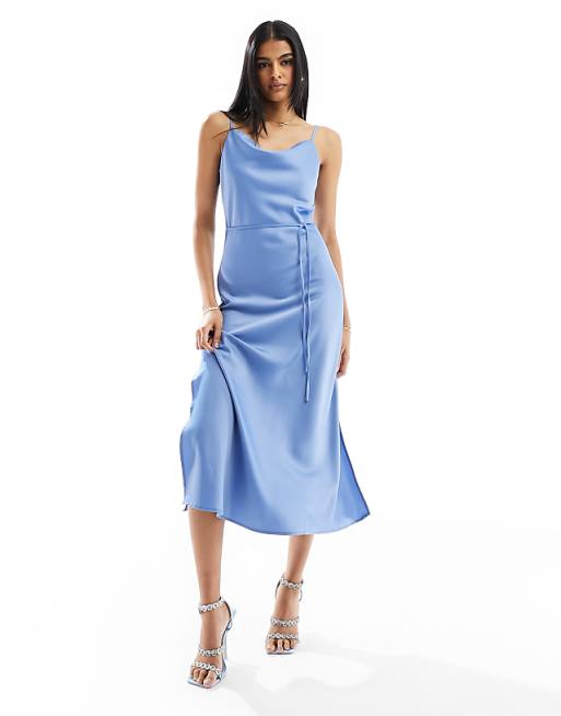 asos YAS Bridesmaid satin maxi dress with tie waist detail in blue - LBLUE