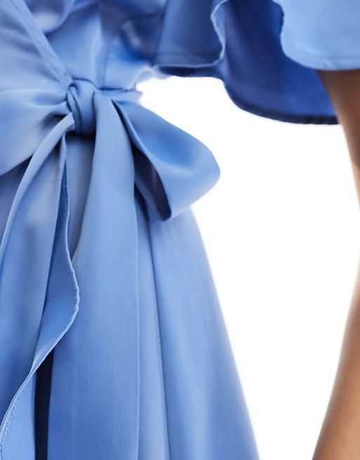 Asos YAS Bridesmaid Satin Wrap Midi Dress In Blue - MBLUE