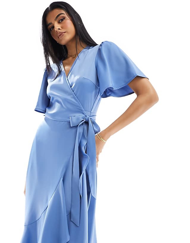 Asos YAS Bridesmaid Satin Wrap Midi Dress In Blue - MBLUE