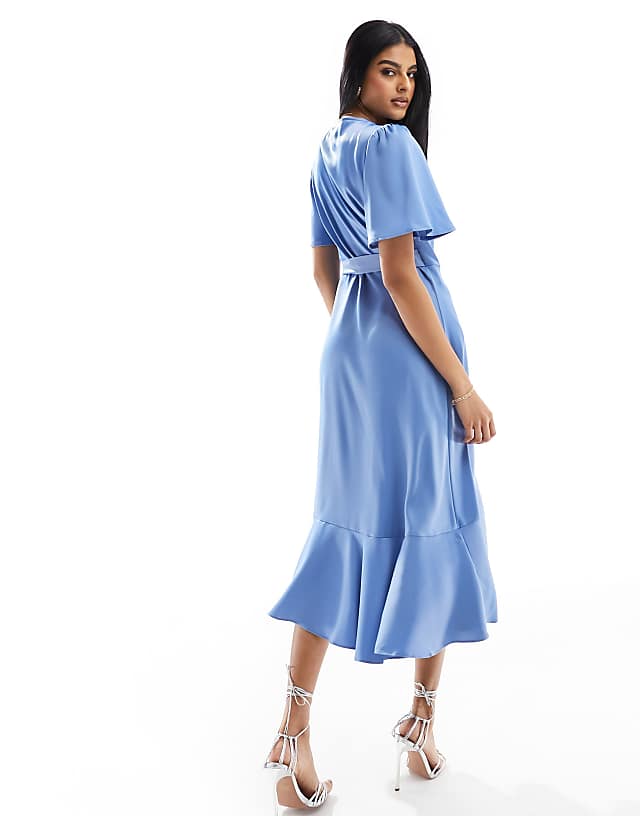 Asos YAS Bridesmaid Satin Wrap Midi Dress In Blue - MBLUE