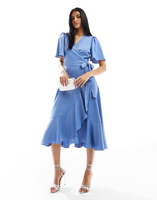 asos YAS Bridesmaid satin wrap midi dress in blue - MBLUE