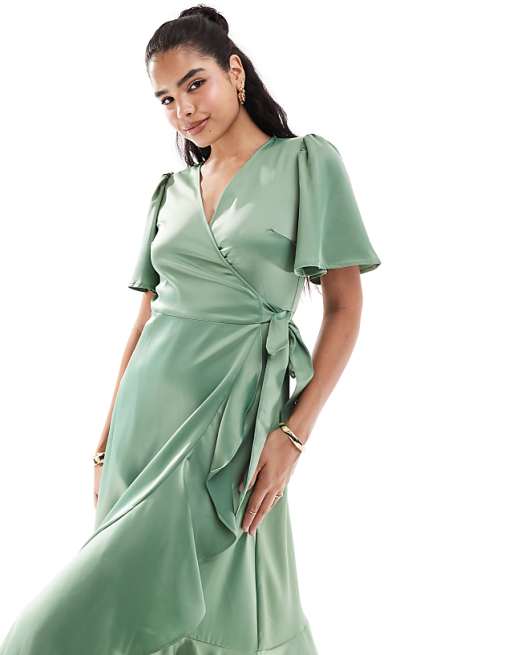 Asos YAS Bridesmaid Satin Wrap Midi Dress In Green - MGREEN