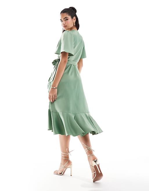 Asos YAS Bridesmaid Satin Wrap Midi Dress In Green - MGREEN