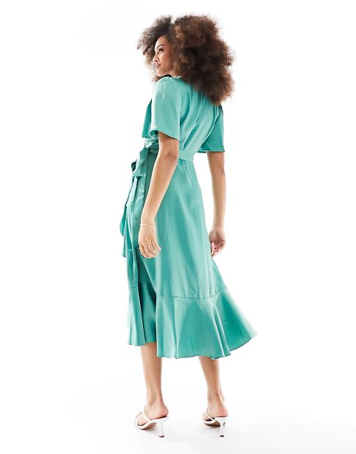 Asos YAS Bridesmaid Satin Wrap Midi Dress In Green - MGREEN