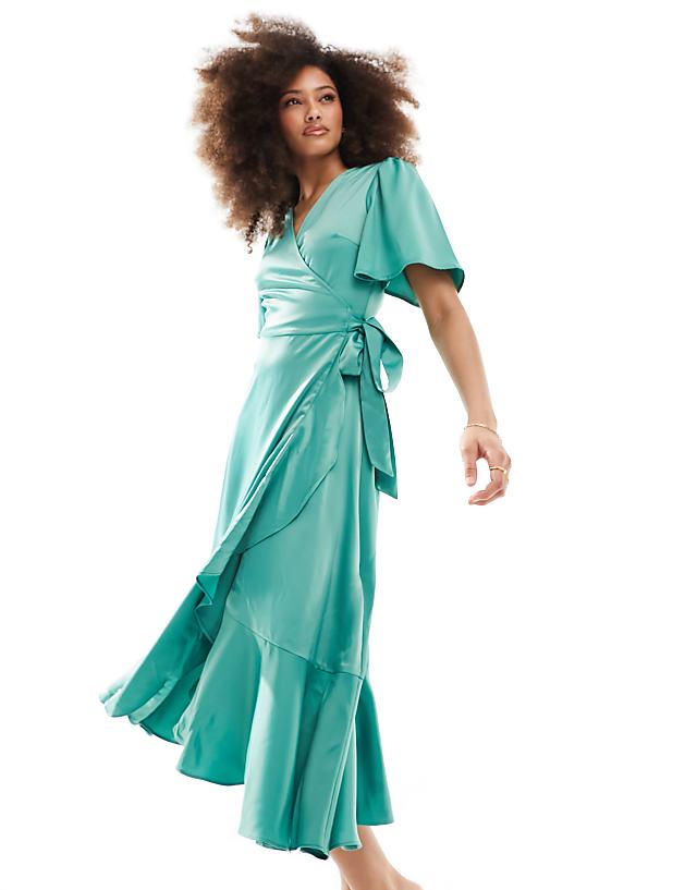 asos YAS Bridesmaid satin wrap midi dress in green - MGREEN