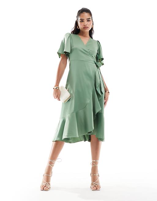 asos YAS Bridesmaid satin wrap midi dress in green - MGREEN