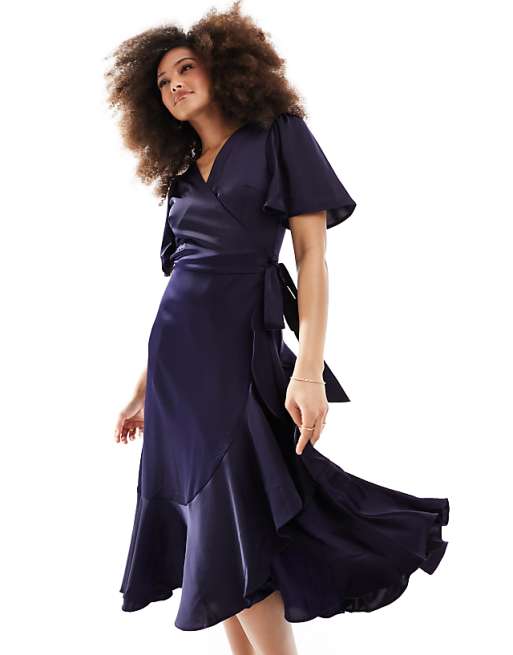 Asos YAS Bridesmaid Satin Wrap Midi Dress In Navy - NAVY