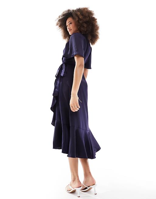 Asos YAS Bridesmaid Satin Wrap Midi Dress In Navy - NAVY