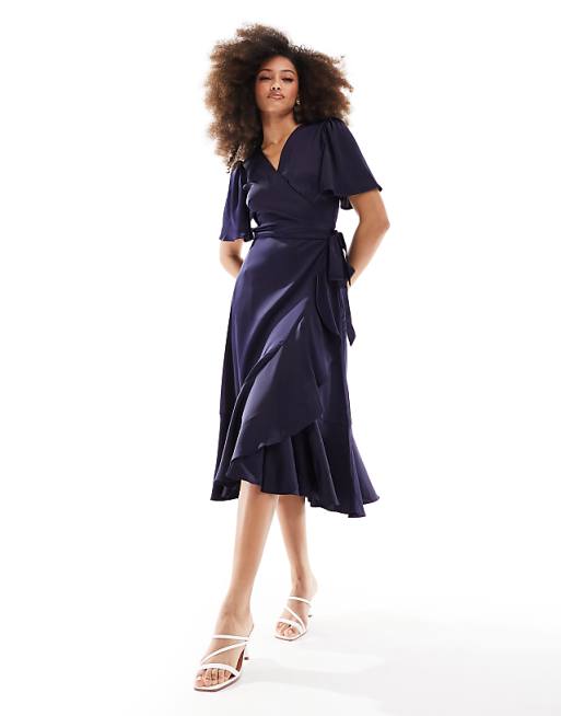 asos YAS Bridesmaid satin wrap midi dress in navy - NAVY