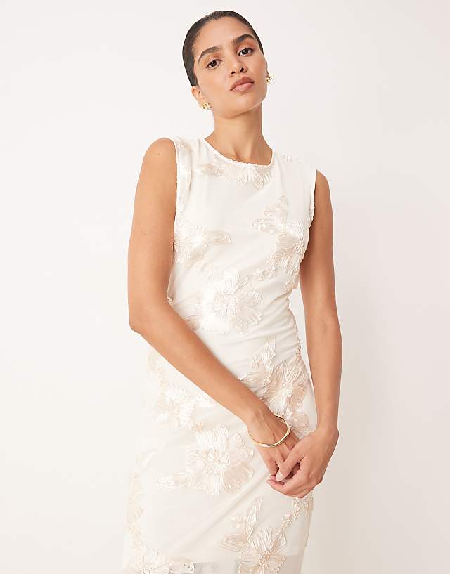Asos YAS Floral Applique Sheer Hem Midi Dress In Cream