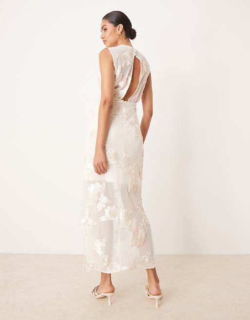 Asos YAS Floral Applique Sheer Hem Midi Dress In Cream