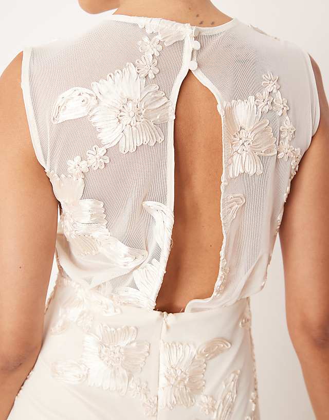 Asos YAS Floral Applique Sheer Hem Midi Dress In Cream