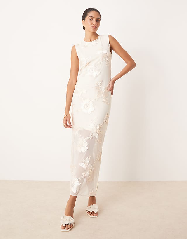 asos YAS floral applique sheer hem midi dress in cream