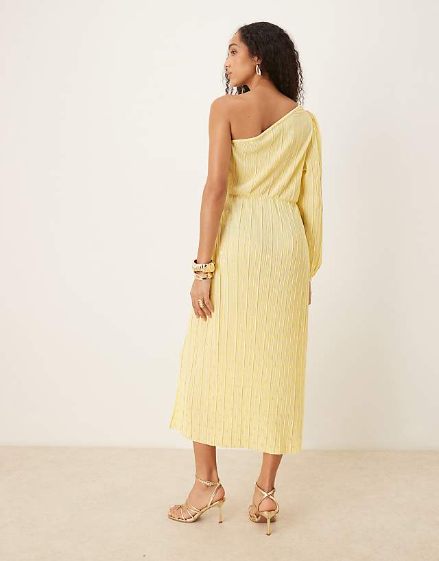 Asos YAS Foil Spot Plisse One Shoulder Maxi Dress In Pale Yellow