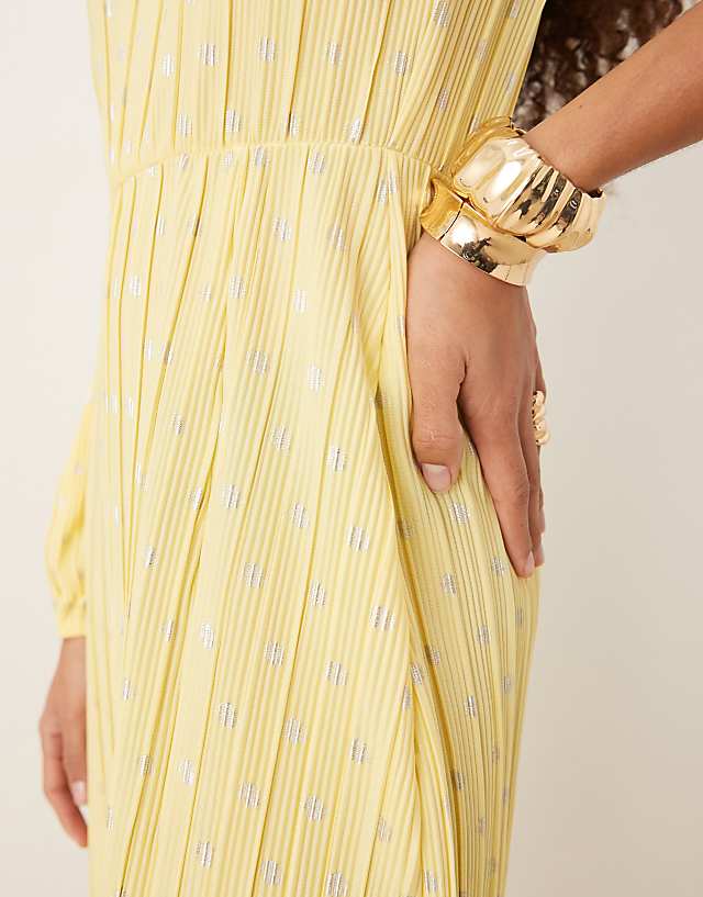 Asos YAS Foil Spot Plisse One Shoulder Maxi Dress In Pale Yellow