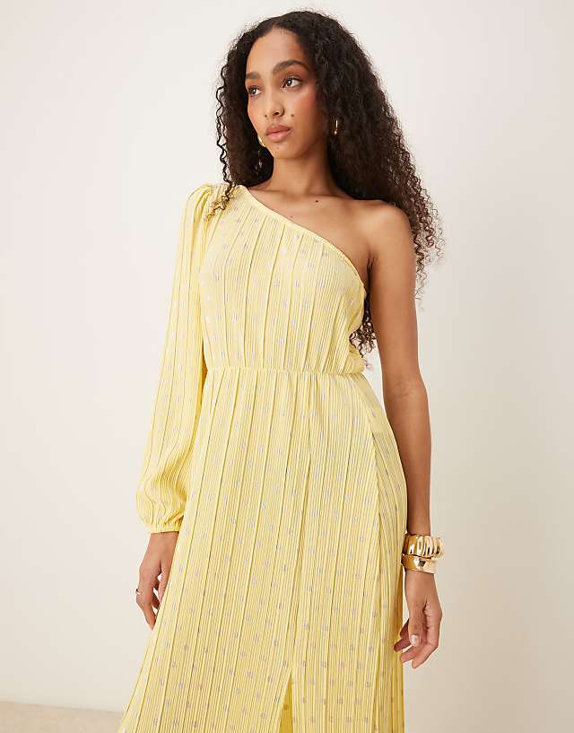 Asos YAS Foil Spot Plisse One Shoulder Maxi Dress In Pale Yellow