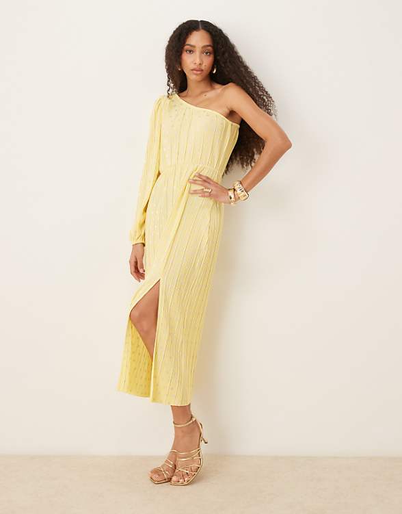 asos YAS foil spot plisse one shoulder maxi dress in pale yellow