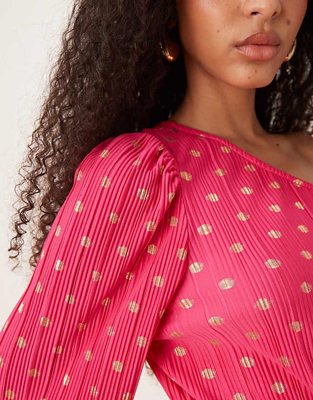 Asos YAS Foil Spot Plisse One Shoulder Maxi Dress In Pink
