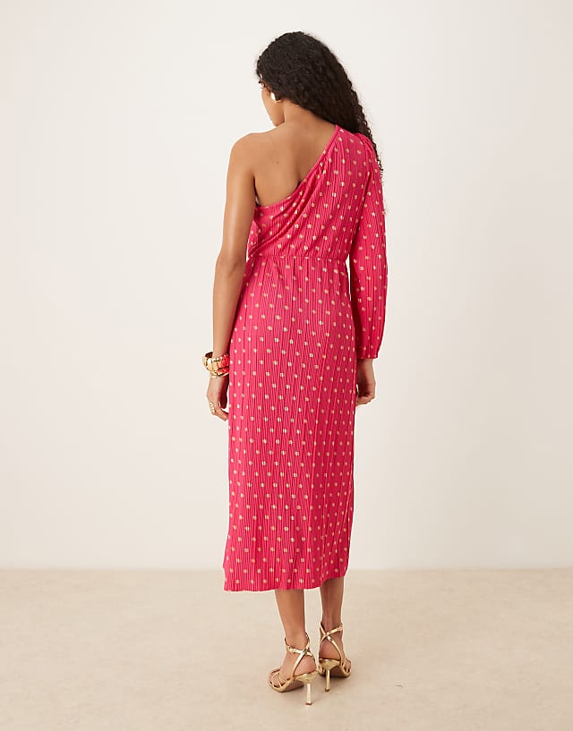 Asos YAS Foil Spot Plisse One Shoulder Maxi Dress In Pink