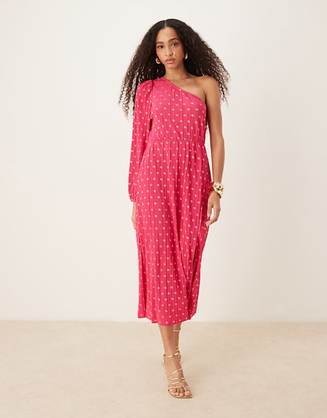 asos YAS foil spot plisse one shoulder maxi dress in pink