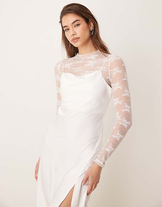 Asos YAS Long Sleeve Lace Underlay Cami Satin Dress In Gardenia White