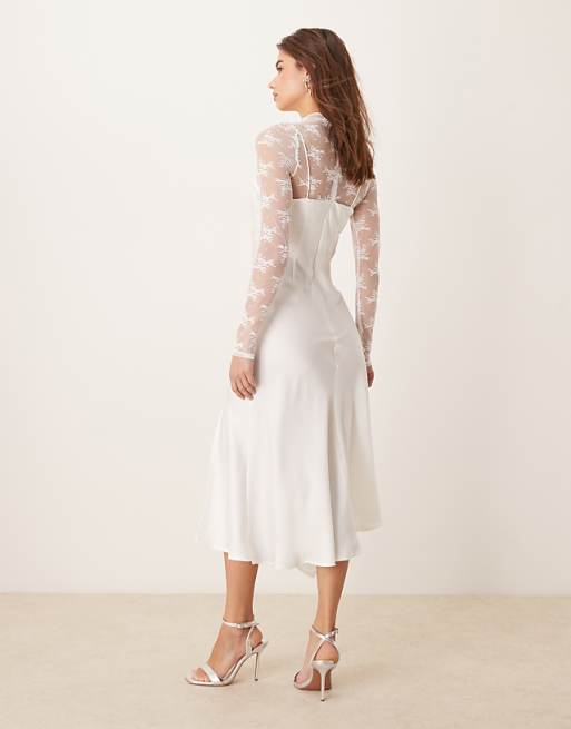 Asos YAS Long Sleeve Lace Underlay Cami Satin Dress In Gardenia White