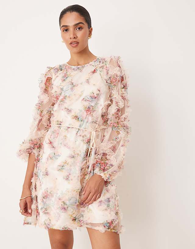 Asos YAS Long Sleeve Textured Mini Dress In Blurred Floral Print