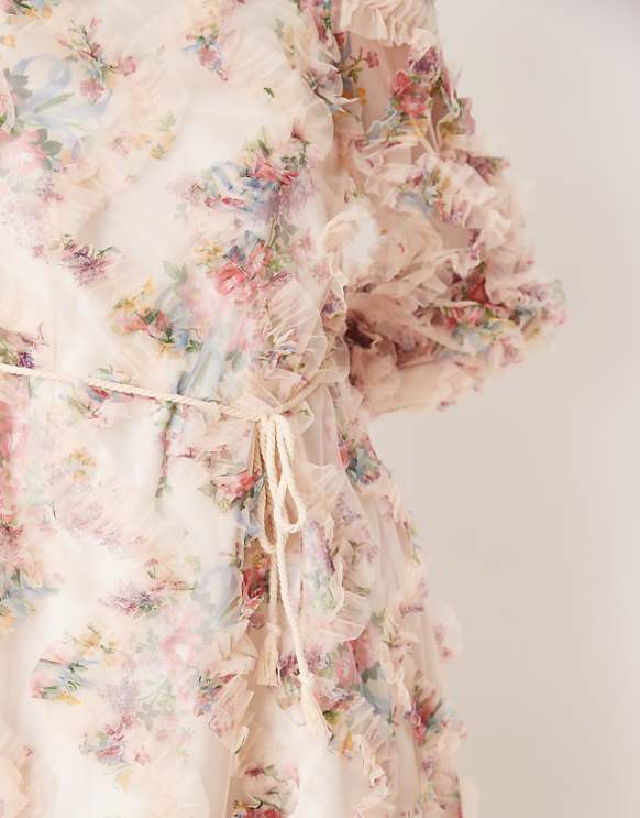 Asos YAS Long Sleeve Textured Mini Dress In Blurred Floral Print