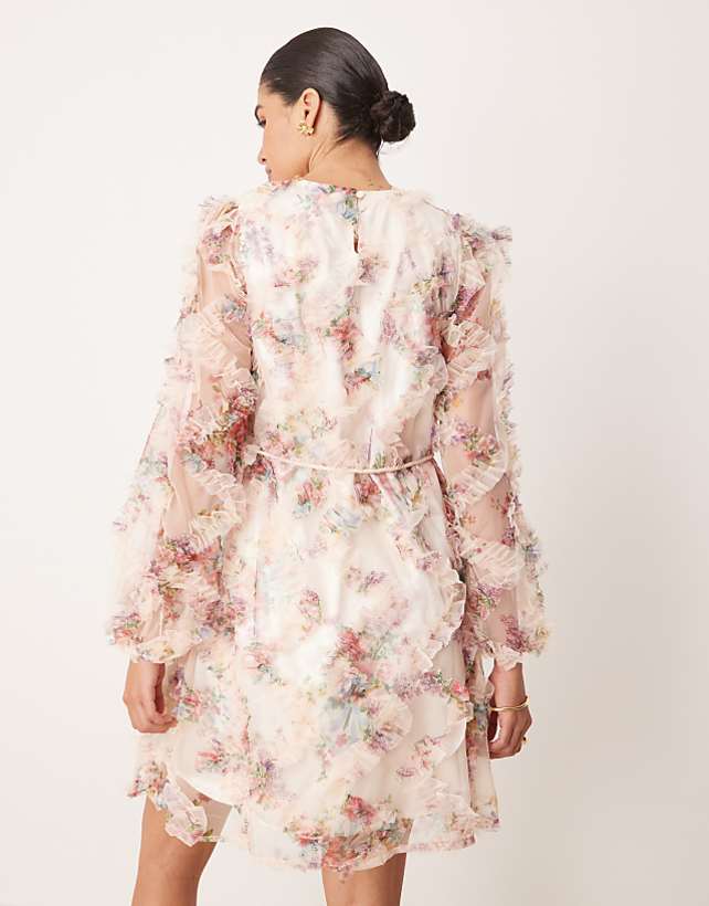 Asos YAS Long Sleeve Textured Mini Dress In Blurred Floral Print
