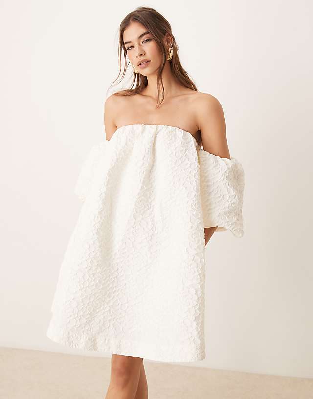 Asos YAS Off Shoulder Puff Sleeve Structured Jaquard Mini Dress In Gardenia White