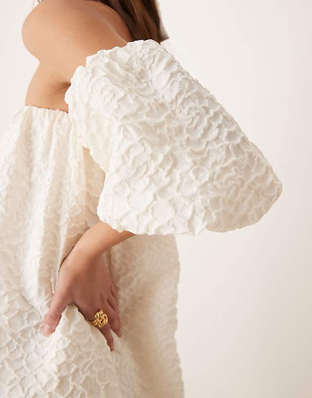 Asos YAS Off Shoulder Puff Sleeve Structured Jaquard Mini Dress In Gardenia White