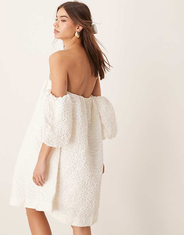 Asos YAS Off Shoulder Puff Sleeve Structured Jaquard Mini Dress In Gardenia White