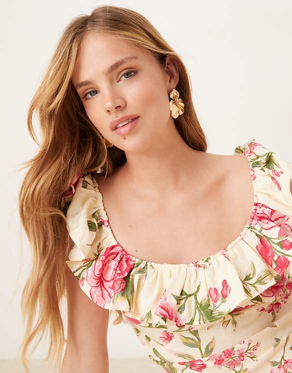 Asos YAS Off-shoulder Ruffle Midi Dress In Pink And Cream Floral