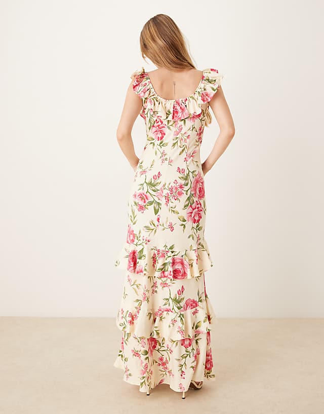 Asos YAS Off-shoulder Ruffle Midi Dress In Pink And Cream Floral