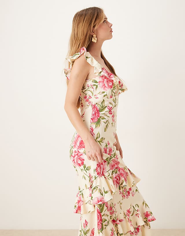 Asos YAS Off-shoulder Ruffle Midi Dress In Pink And Cream Floral