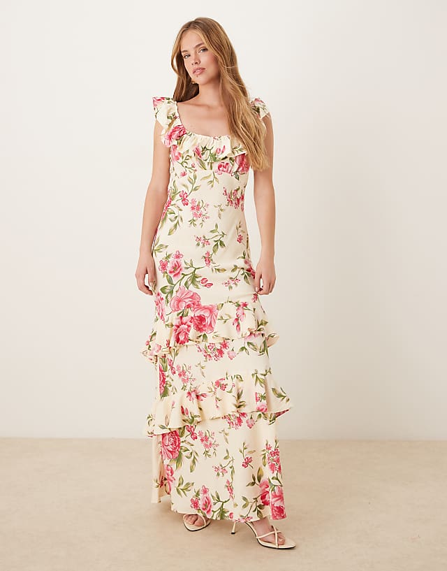 asos YAS off-shoulder ruffle midi dress in pink and cream floral