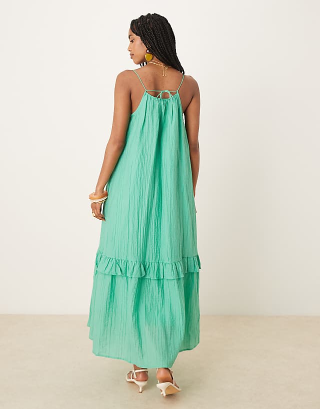 Asos YAS Premium Crinkle Ruffle Hem Detail Cami Maxi Dress In Gumdrop Green