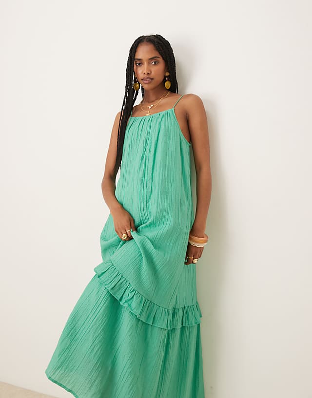 Asos YAS Premium Crinkle Ruffle Hem Detail Cami Maxi Dress In Gumdrop Green