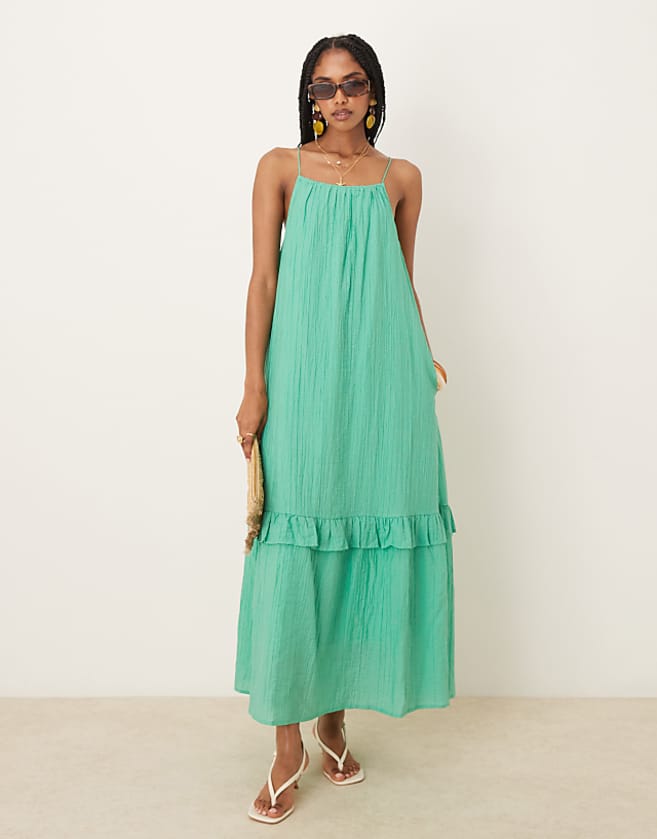 asos YAS premium crinkle ruffle hem detail cami maxi dress in gumdrop green