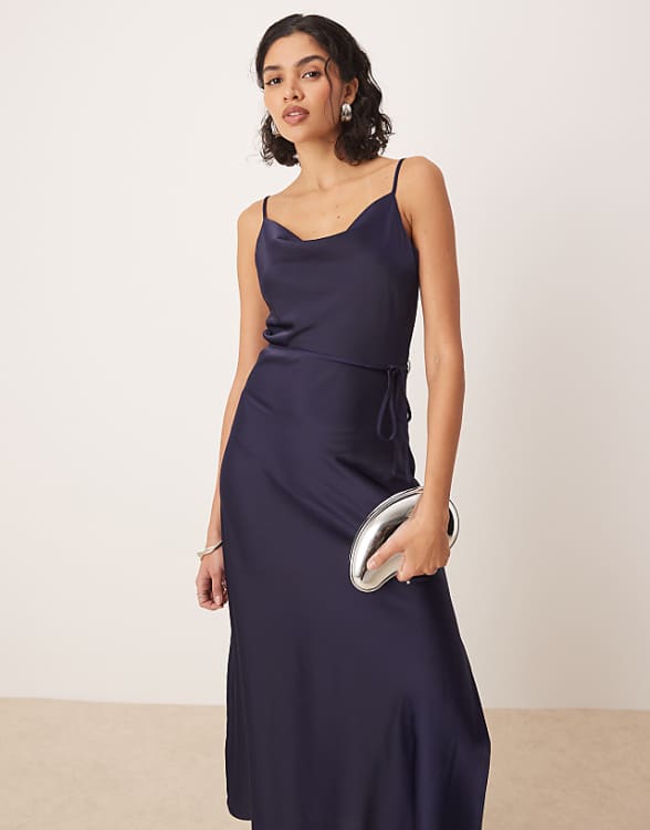Asos YAS Satin Midi Cami Dress With Tie Waist In Navy