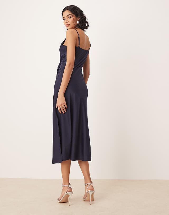 Asos YAS Satin Midi Cami Dress With Tie Waist In Navy