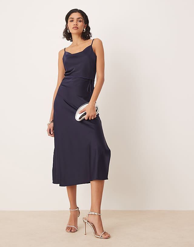 asos YAS satin midi cami dress with tie waist in navy